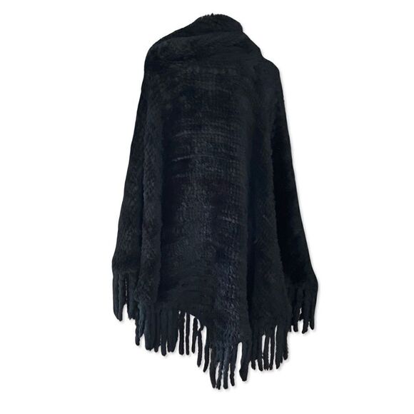 Fur poncho black knitted rabbit cowl neck cape large Xl plus one size - Picture 2 of 15